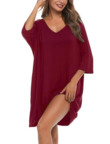 Bresdk Nachthemd Damen Nachtwäsche Kurzarm Baumwolle Übergröße Schlafshirt mit Taschen Rot 3XL