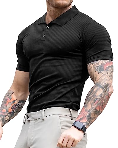 Lehmanlin Poloshirt Herren, T Shirts Männer, Hemd Herren Kurzarm Geripptes Elastizität T-Shirt Sommer Slim Fit Golf Sports (schwarz/M)