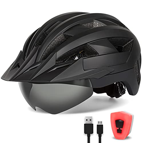 FUNWICT Fahrradhelm mit Visier für Herren Damen, Leichte Fahrradhelm mit Magnetischem Brille und USB-Aufladung LED Licht, Stylisch Mountainbike Helm Größe M/L/XL (XL: 59-63 cm, Schwarz)