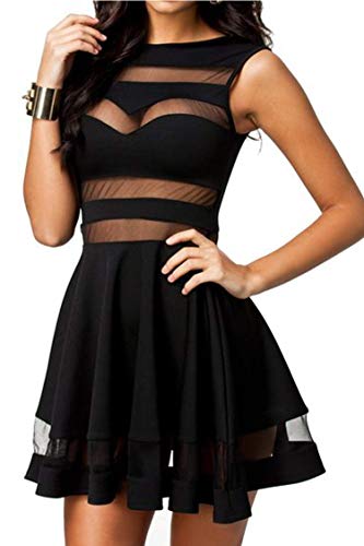 Zeagoo Damen Sexy Hohe Taille Partykleid Cocktailkleid Sommerkleid Bodycon MiniKleid mit Mesh Clubwear A-Linie Kleid L Schwarz