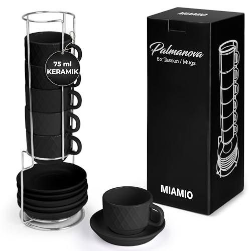 MIAMIO – 6 x 75 ml Espresso Tassen/Espressotassen Set mit Ständer Steingut Keramik - Palmanova Kollektion (Schwarz)