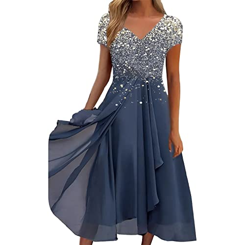 Generic Damen Kleider Spitzenkleid Chiffon Cocktailkleid Festliches Ballkleid Brautjungfernkleider Für Hochzeit Midi Abendkleider, 04-01 Blau, L