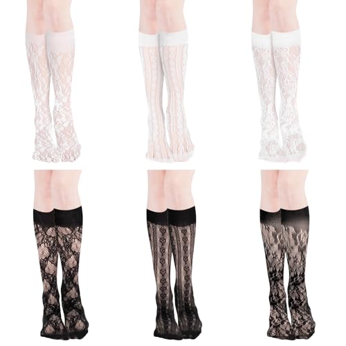 Tyqour 6 Paar Damen Spitze Strümpfe Schwarze Halloween-Strümpfe,Dünne Transparente Spitzenstrümpfe Ausgehöhlte Spitze Knie Strümpfe Ultradünne Sexy Kniestrümpfe,Oktoberfest Socken Damen Schwarz Weiß