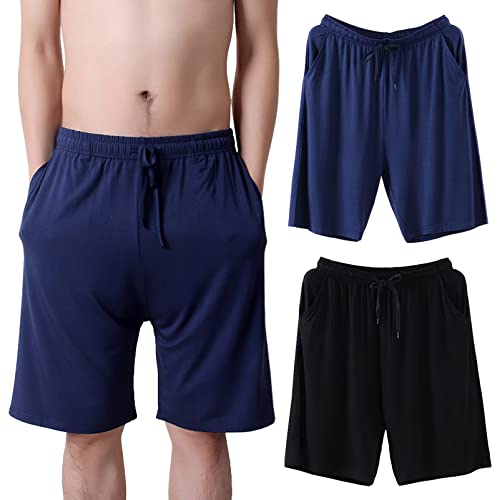 Jamron Herren Übergröße 2er Pack Kurze Schlafanzughose Pyjamahose Dehnbare Leicht Schlafshorts Freizeithose mit Taschen Schwarz + Marineblau 5XL