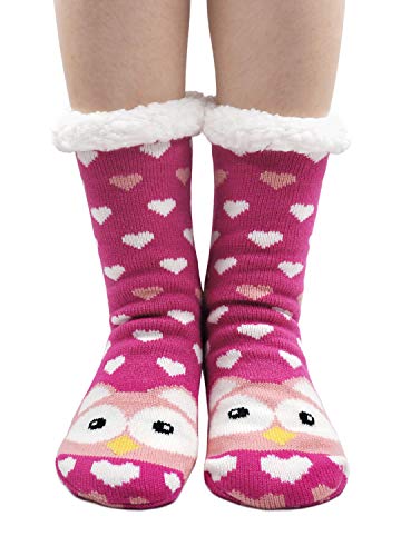 PUTUO Damen Stoppersocken dicke Haussocken mit Anti Rutsch Sohle, Damen ABS Socken Hüttensocken warme Wintersocken flauschig Thermo-Socken mit Innenfrottee (Eule, EU 36-41)