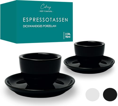 Cookery® Espressotassen 2er Set 90ml aus Porzellan (dickwandig) mit Untertasse | ohne Henkel | Espresso tassen set | Mokkatassen Set | Espressobecher | (Schwarz)