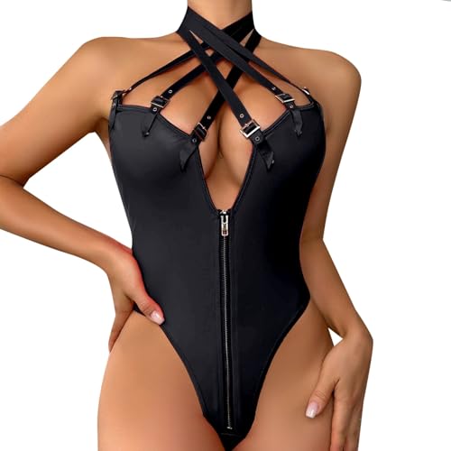 Latex Dessous Frauen Sexy Damen Wetlook Minikleid Pu One Piece Optik Leder Ledersuit Hautenge Wet Look Desouses BDSM Nachtwäsche Einteilige Kunstleder Reizwäsche Clubwear Tanzparty Kostüm