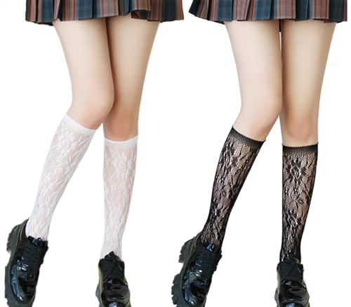 scalingscal 2 Paar Damen Fischnetz Kniestrümpfe Spitze Strümpfe, Damen Kniestrümpfe, Kniestrümpfe Damen Sexy, Dirndl Socken Damen für Lolita Dress Frauen Mädchen Kleidung(Weiß,Schwarz)