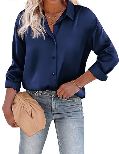 Beyove Damen Bluse Satin Seide V-Ausschnitt Hemden Elegant Langarm Business Oberteile mit Knöpfen Tops Lose Langarmshirt Marine M