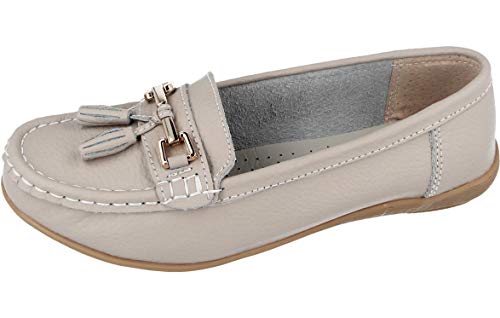 Damen-Mokassins, echtes Leder, mit Quaste, flach, nautische Bootsschuhe, Loafers, Größe 36-42, Beige - smoke - Größe: 41 EU