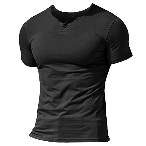 Herren Henley Beiläufig Kurzarm T-Shirt Single Taste Knopfleiste Einfacher V-Ausschnitt Hemden Baumwolle Color Schwarz Size Medium