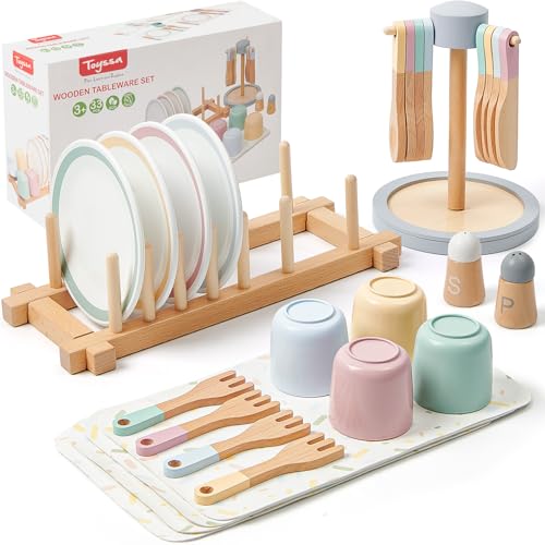 Atoylink Kinderküche Zubehör Holz, 33 Pcs Geschirrset mit Tassen Teller, Spielküche Zubehör Geschirr Teeservice Kinder Küchenzubehör Spielzeug Rollenspiel Geschenk für Mädchen Jungen 3 4 5 6 7 8 Jahre