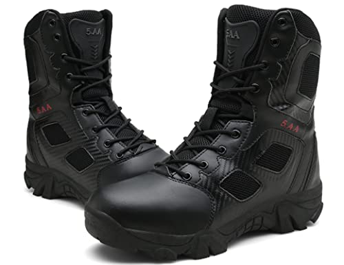 5.AA JX068 Leder Stiefel Kampfstiefel Einsatzstiefel mit Reissverschluss Militär Bundeswehr Wandern Tactical Boot Schwarz 44EU