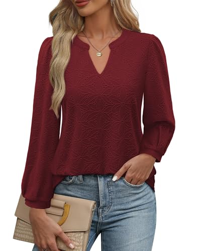 Cerrlop Langarm Bluse Damen Elegant: Lässige Oberteile Damen Blusen - V-Ausschnitt Doppellagige Tunika Locker Longbluse - Herbst Bürobluse Formal Festliche Blusen - Lochstickerei Arbeit Kleidung