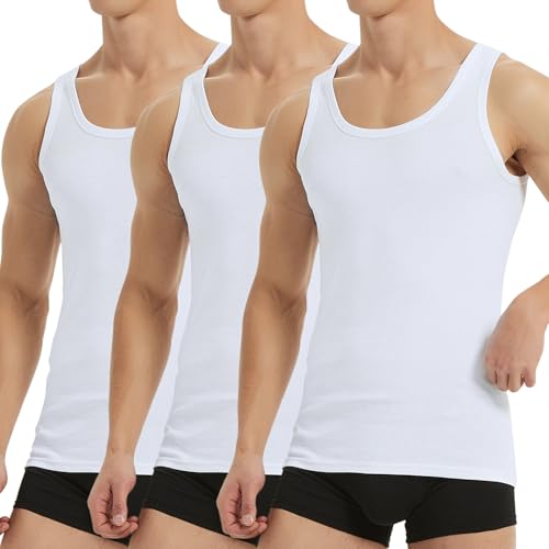 Falechay Unterhemd Herren Tank Top 3er Pack Baumwolle Feinripp ärmellos Muskelshirtst Männer Sportunterhemden Weiß XL