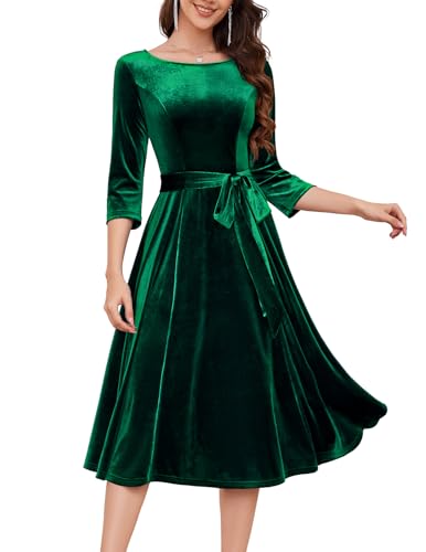 DRESSTELLS Damen Vintage Retro Cocktailkleid Samt Party KleiderWinter Formal Kleid 3/4 Arm Winterkleid Velvet DarkGreen S