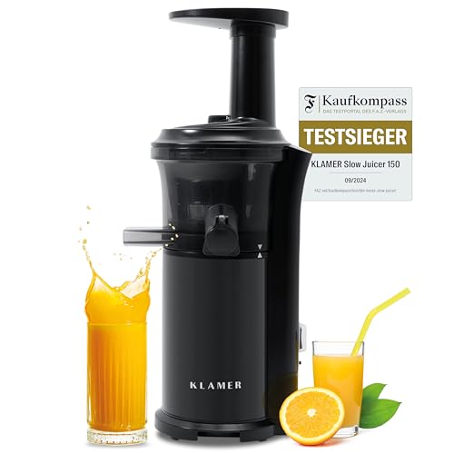 KLAMER Slow Juicer Gemüse und Obst, Entsafter mit Rückwärtsgang, elektrische Fruchtpresse mit Bürste und 2 Behältern, schlankes Design, schwarz