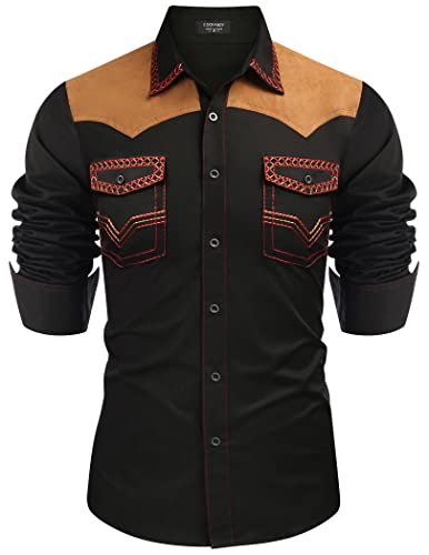 COOFANDY Herren Western Cowboy Hemd Bestickt Langarm Slim Fit Casual Baumwolle Button Down Hippie Shirts mit Taschen, Schwarz, XL