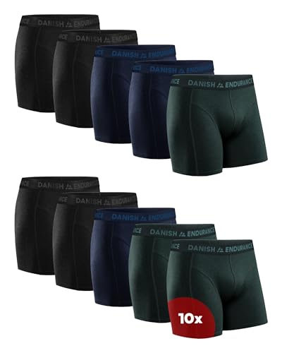 DANISH ENDURANCE 10er Pack Boxershorts Herren, Weiche Baumwolle, Unterhosen Männer Stretch, Ohne Zettel, Mehrfarbig (4xschwarz, 3xblau Melange, 3xgrün), L