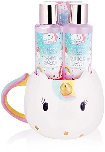 BRUBAKER Cosmetics 4-tlg. Einhorn Bade- und Dusch Set Cherry Blossom - Geschenkset mit Kirschblüten Duft in Einhorn Tasse