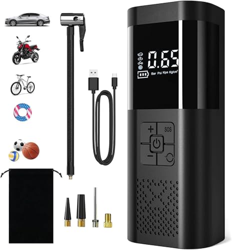 Bestyks Elektrische Luftpumpe 12V 6000mAh Wiederaufladbarer Autoreifen Pumpe 150 Psi Elektrischer Kompressor Fahrradpumpe mit USB/LED-Licht für Auto Fahrrad Motorrad BäLle,USB-Powerbank Multifunktions