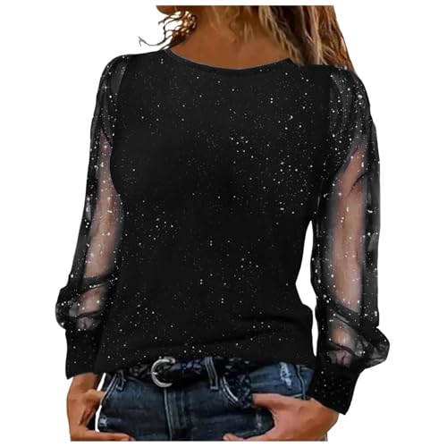 Festliche Oberteile Damen, Glitzer Oberteile Damen Elegant Party Silvester Outfit - Sexy Schulterfrei Mesh Glitzer Bluse Einfarbig Spitze Weihnachts Pullover Mit Puffärmeln Festliches Outfit