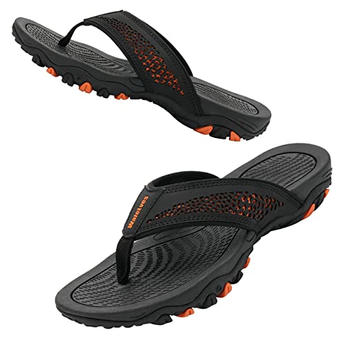 Herren Flip Flops Zehentrenner Leder mit Arch Support Sandalen Weich Leder Stoff Badelatschen Sommer Beach Rutschfest Hausschuhe Pantoletten(Schwarzorange,43 EU)