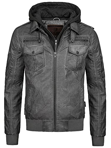 Indicode Herren Aaron Lederjacke mit abnehmbarer Kapuze | Kunstlederjacke Übergangsjacke Dk Grey XL