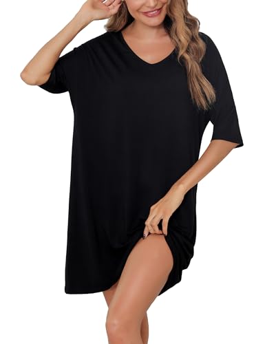 Irdcomps Nachthemd Damen Schlafshirt Sleepshirt Kurzarm Baumwolle Kurz Sexy Schlafkleid Schlafhemd Große Größen Sommer Nachtwäsche Schwarz 3XL