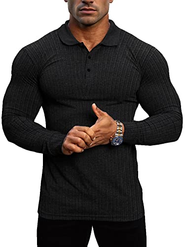 Lehmanlin Muskel-Poloshirts für Herren Langarm Stretch Slim Fit Baumwolle Golf T-Shirt (Schwarz/S)