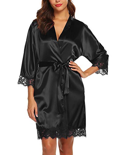 BESDEL Damen Kimono Robe Satin Bademantel mit Spitzenbesatz Kurzer Brautkleid aus Seide SchwarzSchwarz XL