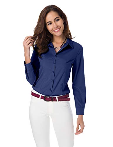 Atnlewhi Damen Bluse Hemd Basic Kent-Kragen Langarm Stretch Leisure Formelle Casual Business Arbeit Elegant Hemden - Dunkelblau - S