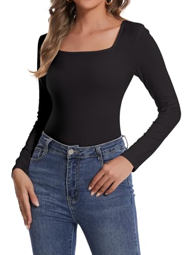 SHAPRERIN Damen Oberteil Eckiger Ausschnitt Langarm Unterhemd Langarmshirt Elegant Bluse Einfarbige T-Shirt Top, Schwarz, XXL