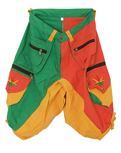 ImZauberwald grün gelb rote Goa Shorts mit Rasta Hanf Stickerei - Kurze Hose mit vielen Taschen - Grössenverstellbar Dank Zwei Knöpfen - gemütlich und praktisch