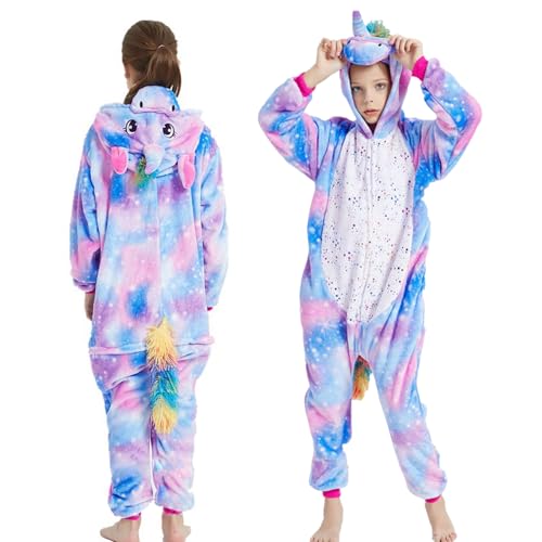 SOETDERT Kinder Einhorn Schlafstrampler, Kostüm Onesie Jumpsuit mit Kapuze, Einhorn Kostüm Overall, Mädchen Jumpsuit Schlafanzug, Tier Kostüm Onesie Kinder Karneval Faschings Cosplay, 130