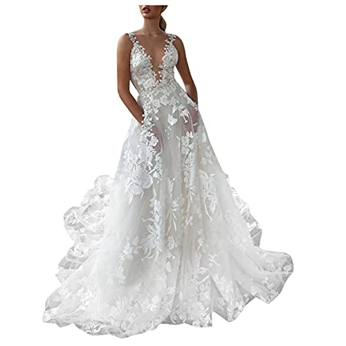 Brautkleider Hochzeitskleider für Damen Standesamt Lang Weiß Prinzessin Braut Brautjungfer A Linie Elegant Hochzeit Spitzenkleid Abendkleider