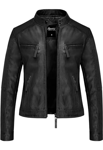 REPUBLIX Damen Echtleder Jacke Biker Zipper Lederjacke RJ-8006 Schwarz M