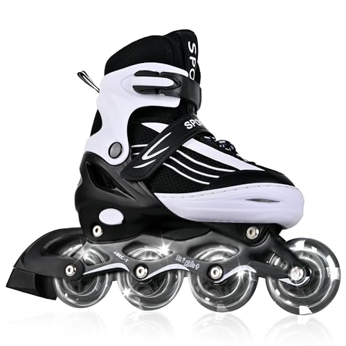 MGYZM Inliner für Kinder, größenverstellbare Inline Skates für Kinder, Erwachsene Mädchen und Jungen Inline Skates, Rollschuhe für drinnen und draußen, Schwarz und Weiß (Medium)