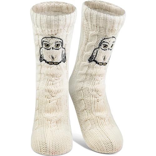 Harry Potter Hüttensocken - Hedwig Strick Haussocken mit Sherpa Futter für Damen Kuschelsocken Flauschige Wintersocken warme Frauen Socken OneSize Weiß