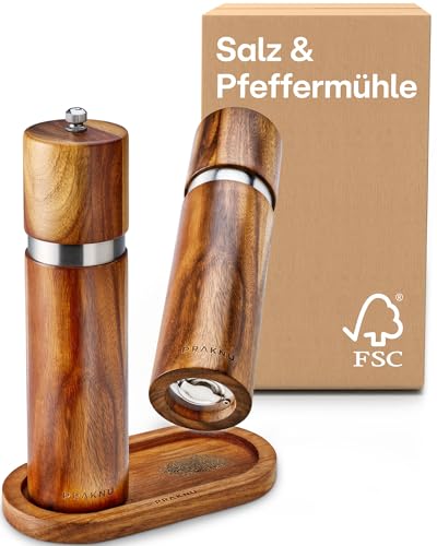 Salz und Pfeffermühle aus Akazienholz mit Untersetzer - Nachhaltiges FSC® Holz - Langlebiges Keramikmahlwerk - Plastikfrei