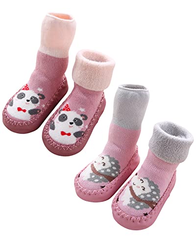 Adorel Baby Hüttenschuhe Gefüttert Frottee Anti-Rutsch Winter Socken 2 Paar Rosa Igel & Panda 12-18 Monate (Herstellergröße 13)