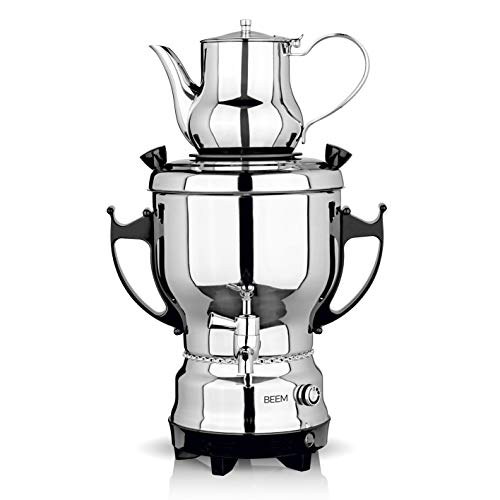 BEEM TEA-CLASSIC Samowar - 3L | Edelstahl/Schwarz | großer Teekocher auch für Gastrobetriebe | Mit Edelstahl-Ablasshahn | Stufenlos einstellbarer Temperaturregler | Mit 1 L Teekanne