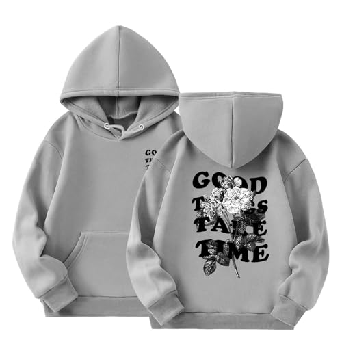 Kinder Mädchen Hoodie Lässige Good Things TAKE TIME Druck Kapuzenpullover Casual Sweatshirt Kuschelhoodie Langarm Oberteile Kinder Pullover Top mit Tasche für 3-14 Jahre (Grey, 11-12 Years)