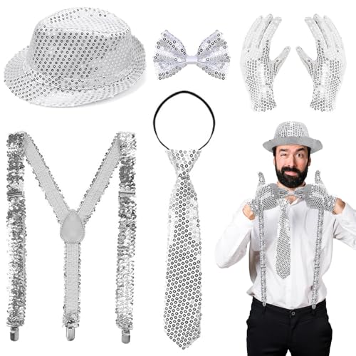 ZDQC 5 Stück Karneval Kostüm Herren Glitzer,Glitzer Kostüm Herren,Disco Glitzer Kostüm Herren 80er,Pailletten Hosenträger und Fliege,Kostüm Glitzer Und Glamour Herren,Glitzer Outfit Set (Silbrig)