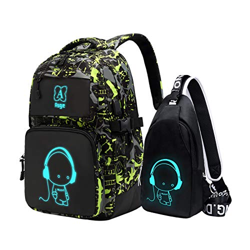 Asge Rucksack Jungen Schulrucksack Teenager Jugendliche Coole Schule Daypacks Kinder Reflektierender Schultasche Outdoor Camping Groß Schulranzen Wasserdicht Ranzen Schultertaschen set