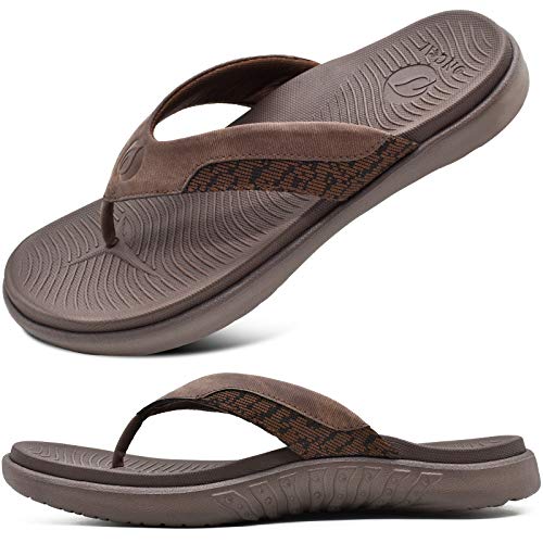 ONCAI Herren Flip Flops Sommer Sport Dusch Schwimmbad Strand Männer Zehentrenner Sandalen Badelatschen Mit Orthopädie Arch Support Gummifußbett Braun Größe 42