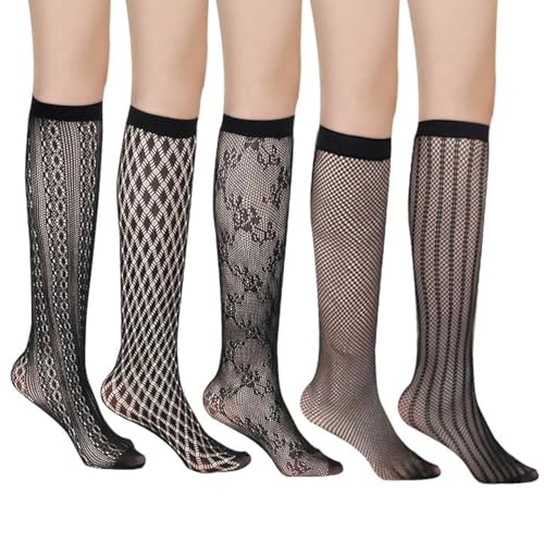 EUPSIIU 5 Paar Damen Kniestrümpfe Fischnetzstrümpfe ultradünn,Damen Halterlose Spitzen Straps Strümpfe Nylon Schwarz Blumenmuster Einheitsgröße,Knee High Socks Strumpf Spitzensocken Gothic (Schwarz)