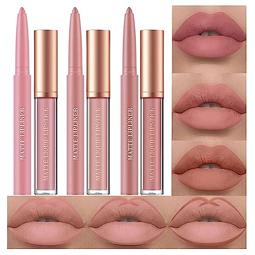 6 Stück Matt Lippenstift & Lip Liner Set, Velvety Nude Lipstick, Stay On 24 Hours Waterproof Non-Stick Cup Not Fade Liquid Lipstick, Lip Liner Lip Gloss Make Up Set (Set E)