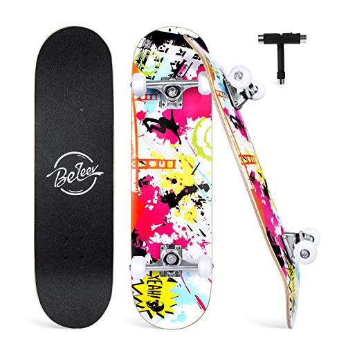 BELEEV Skateboard 31x8 Zoll Komplette Cruiser Skateboard für Kinder Mädchen Erwachsene, 7-Lagiger Kanadischer Ahorn Double Kick Deck Concave mit All-in-one Skate T-Tool für Anfänger (Graffiti)