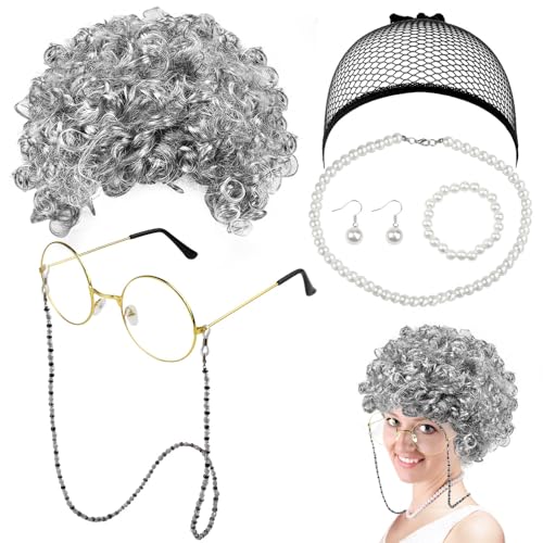 EMAGEREN 7 Stück Old Lady Kostüm Großmutter Cosplay Zubehör Set Oma Perücke Perücke Kappe Oma Perücke Kostüm Set Oma Brille Brillen Ketten Armband Perlenkette, Alte Dame Cosplay Set Kostümzubehör